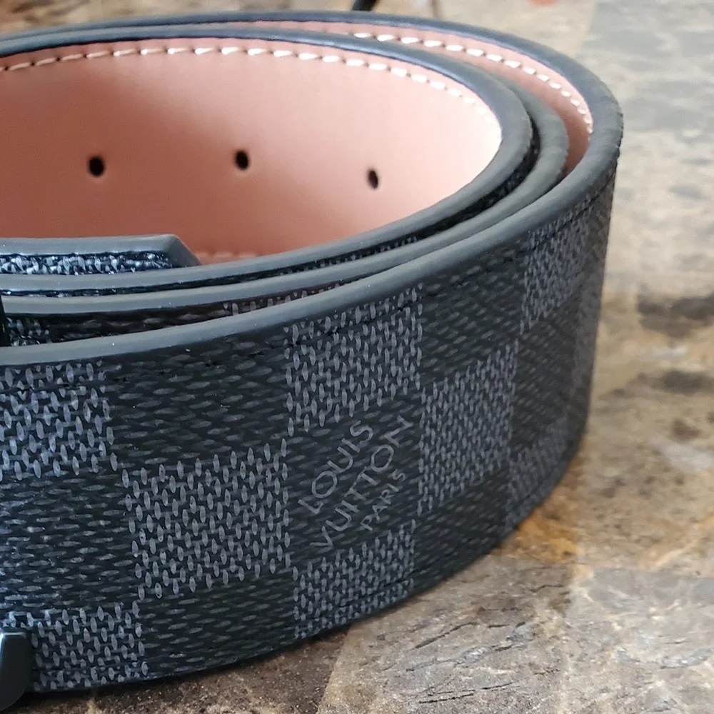 Louis Vuitton Damier Graphite Canvas Belt with Black LV Buckle and Pink Interior